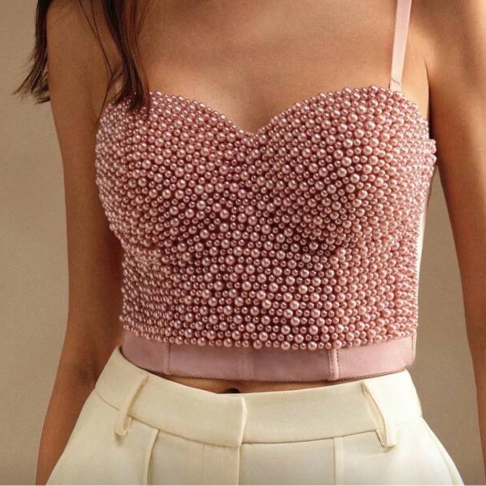 Elegant Pink Pearl Embellished Women's Top